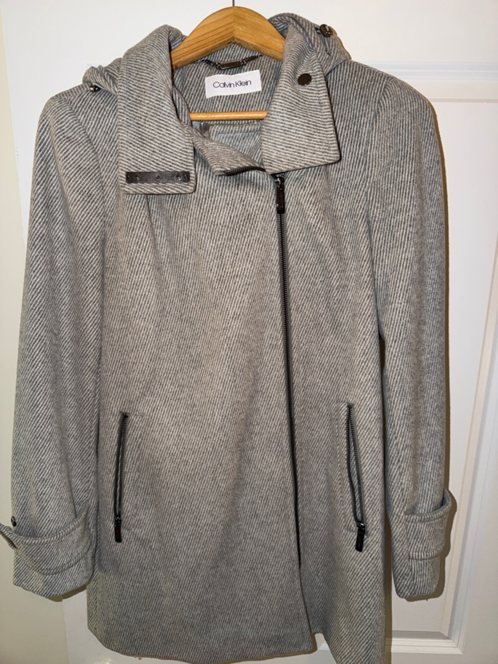 Calvin Klein Light Gray Hooded Wool-Blend Peacoat